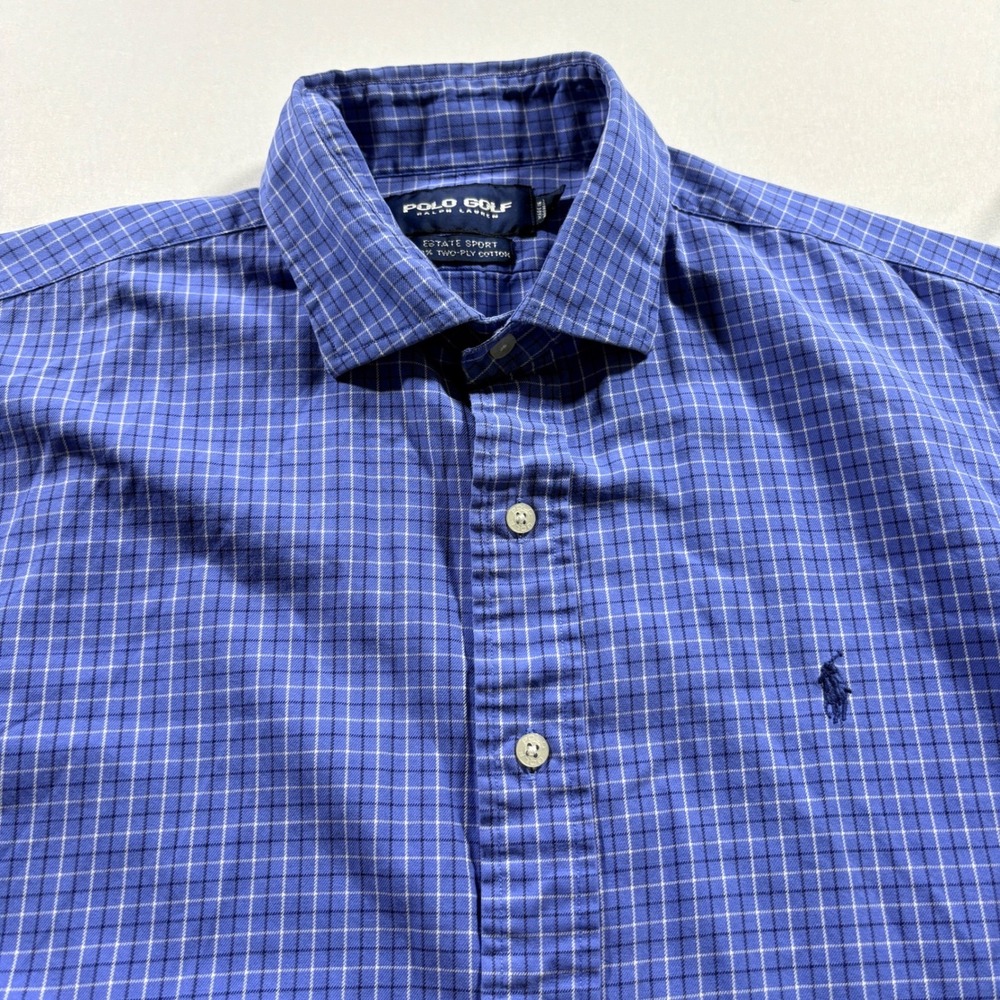 Polo Golf Ralph Lauren Button Down Shirt Mens‎ L Blue Check Cotton Estate Sport